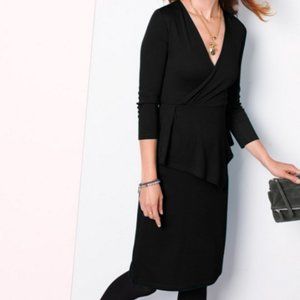 NEW Womens Garnet Hill 100% Wool Jersey Drape Peplum Dress Black XS M